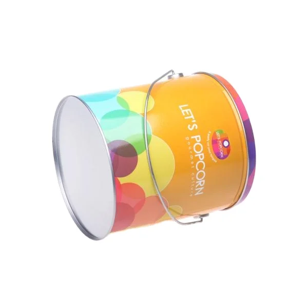 Custom handled metal tin popcorn bucket round cookie biscuit tin can container with lid