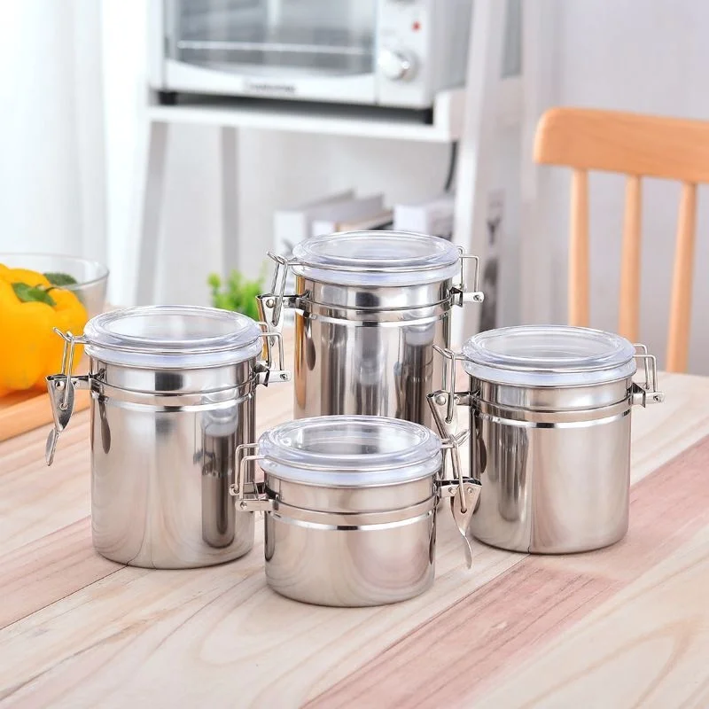 410 Stainless Steel Household kitchen Food Container Set seal pot with lock clip top lids