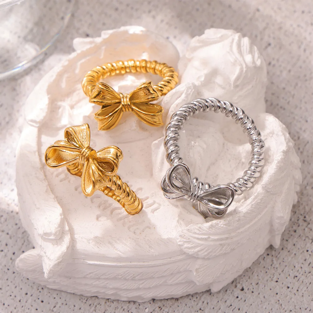 Fashion simple personality bow design sense geometric hemp wreath stainless steel gold plated ring