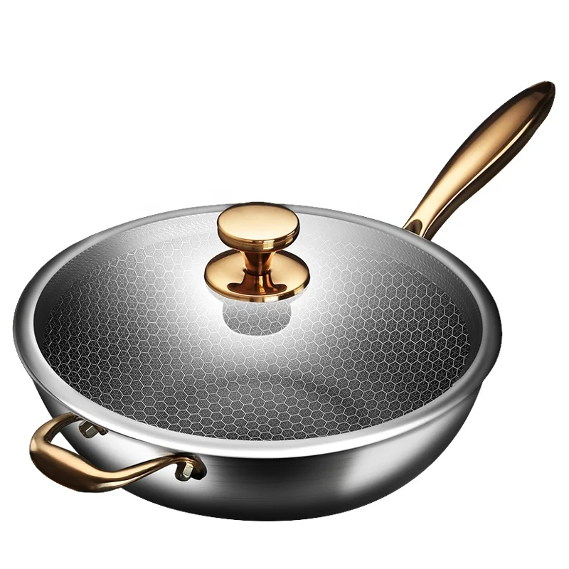 Chinese woks Transparent Honey Comb Stainless Steel Frying Wok Nonstick with Lids Cover Metal Glass Tempered