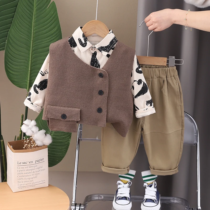 Boutique Children Casual Clothes 1-5 Years Baby Boys 3 Piece Set Vest+T-Shirt+Pants High Quality Cotton Clothing Set