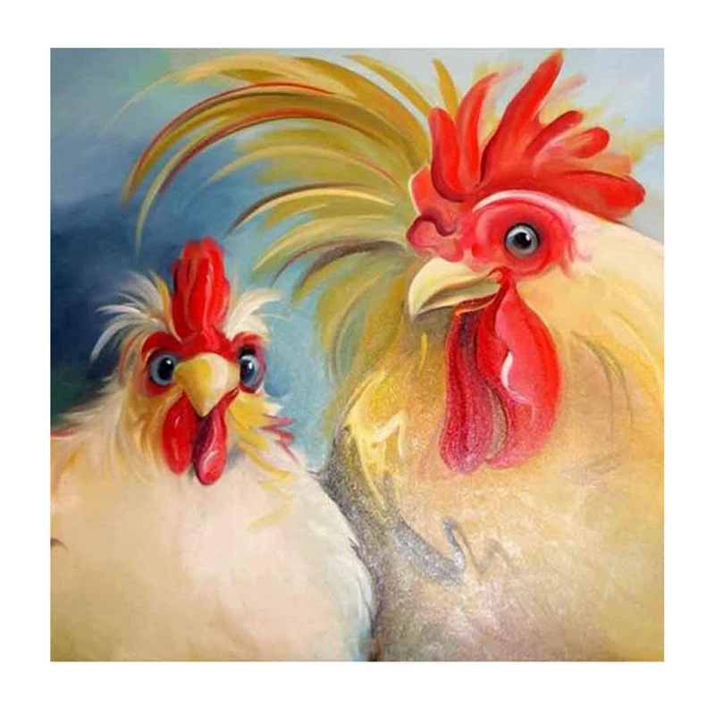 Diy Wall Art Decor Two White Roosters Diamond Painting with Full Drill Covered Round Resin Animal Embroidery Diamond on Canvas