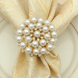 Round Flower Napkin Rings Gold Rhinestone Napkin Rings Holder Pearl Napkin Rings for Wedding Dinner Table Decoration HWP07