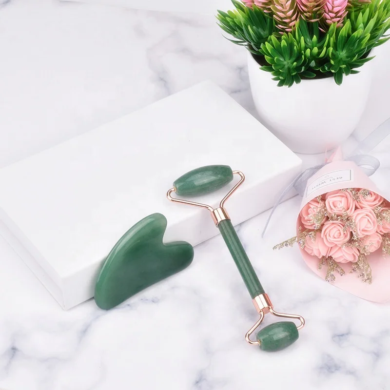 Green Jade Stone Face Beauty Massager Custom Logo 100% Natural Aventurine Jade Roller Gua Sha Set
