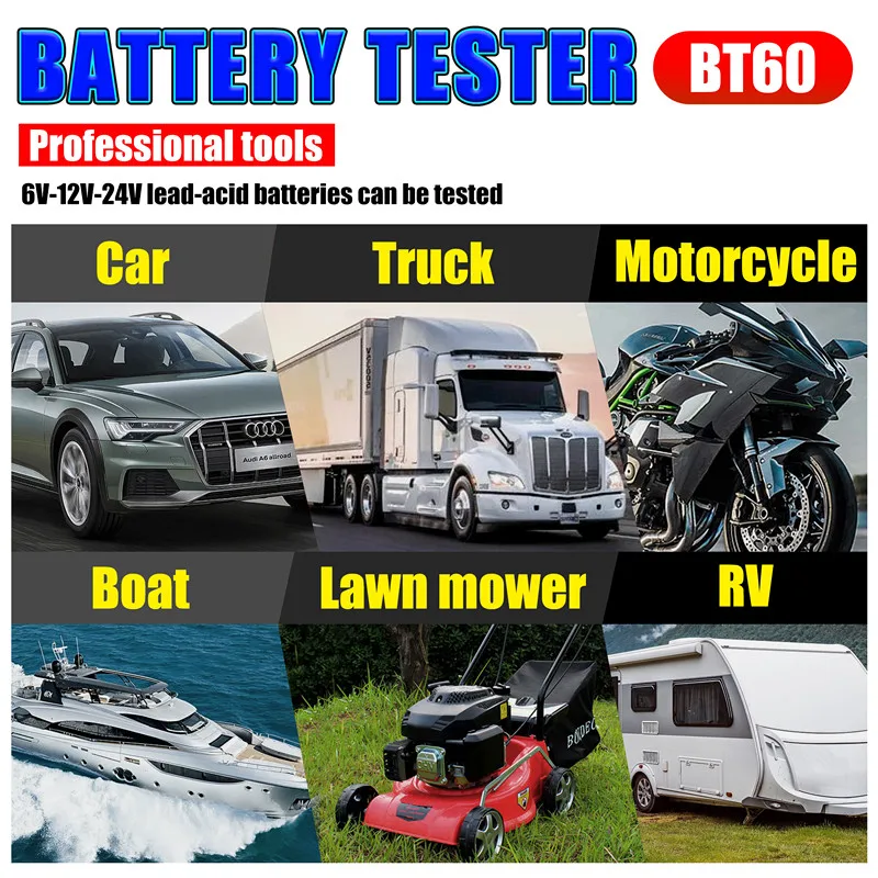 Acclope Car/Motorcycle/Truck Check Tool BT60 Battery Tester 6V-12V-24V SOH Plug And Play 11 Kinds Language SOC