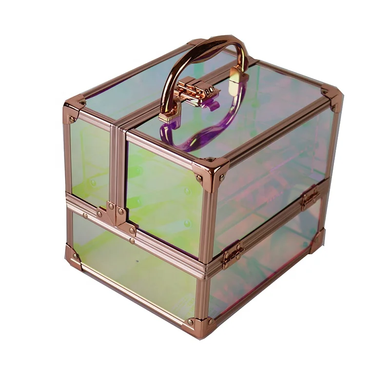 
2021 Fashion Holographic Acrylic Makeup Box Beauty Make Up Organizing Train Case 