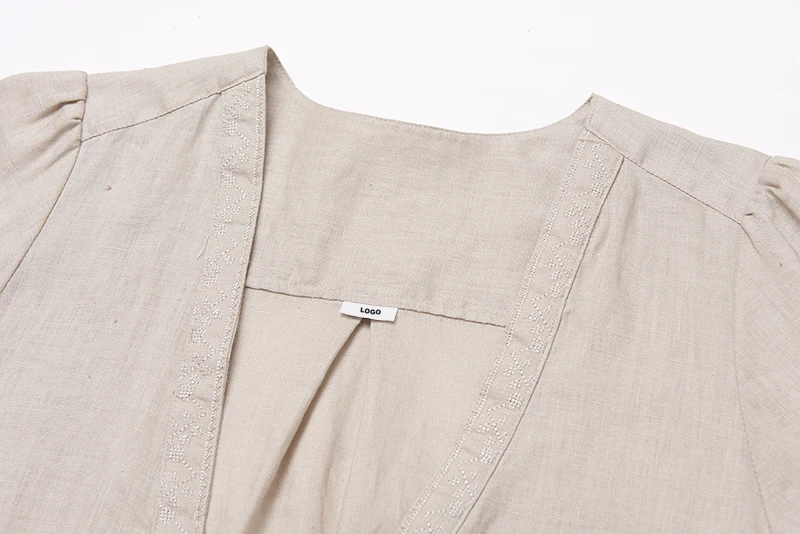  OEM ODM V-neck Embroidered Sexy Ladies Summer Elegant Casual 100% Linen Women Long