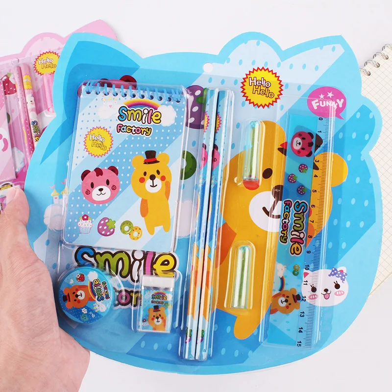 Printable Logo Gift Box Office School Supplies Cartoon Ruler Pencil Sharpener Pencil 8 Piece Stationery Set