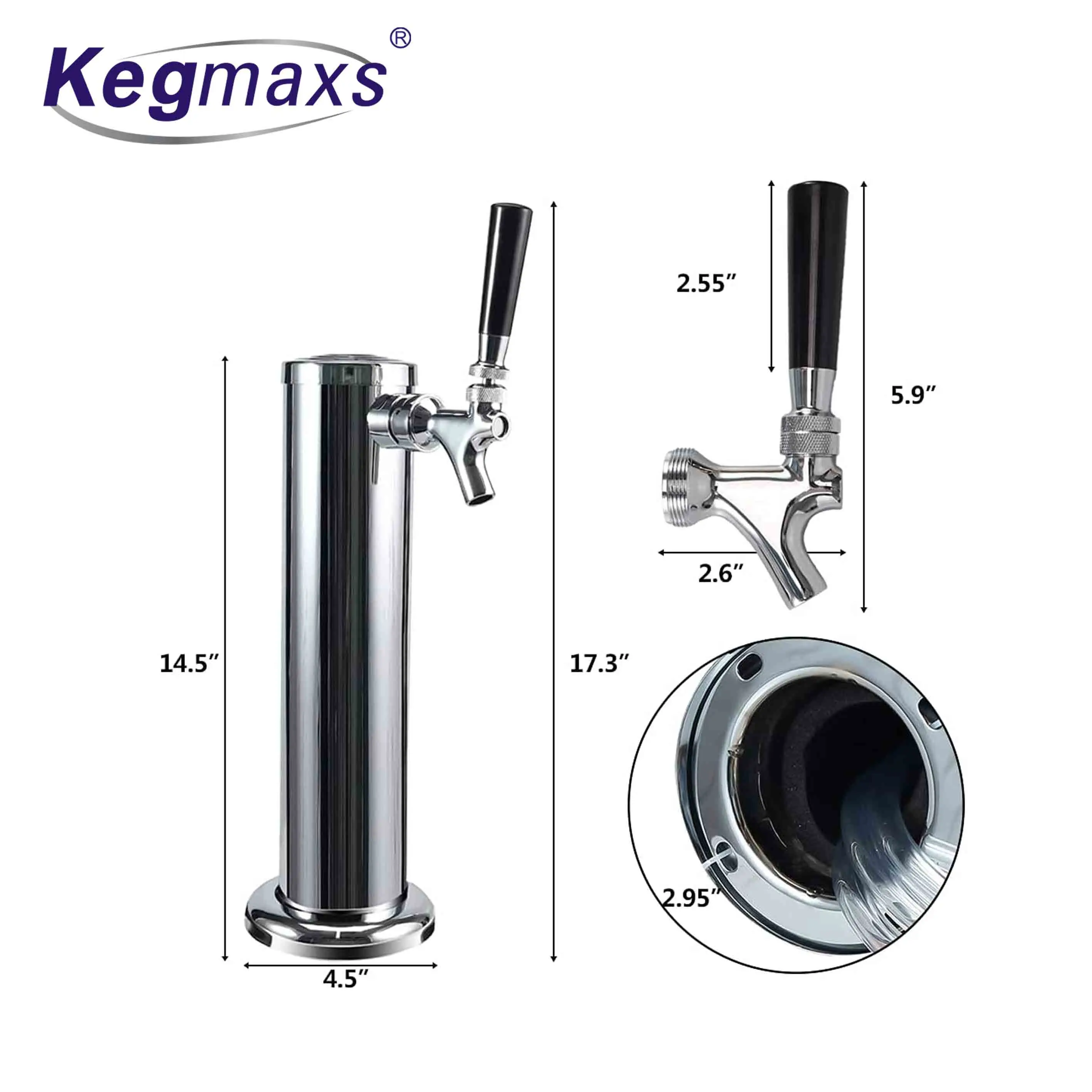Kegmaxs Single Tap Stainless Steel Beer Tower LUCKEG Brand 3 inch Draft Beer Tap Tower with Single Beer Faucet for Home Brewing