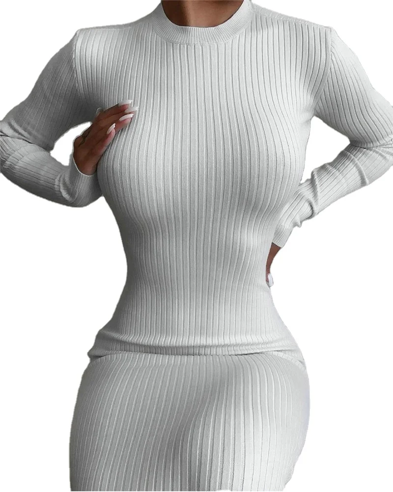 Rib Lace Sexy Open Back White Hollow Dress Bodycon 2021 Long Skirt Long Sleeve Elastic Autumn And Winter Dress Wholesale