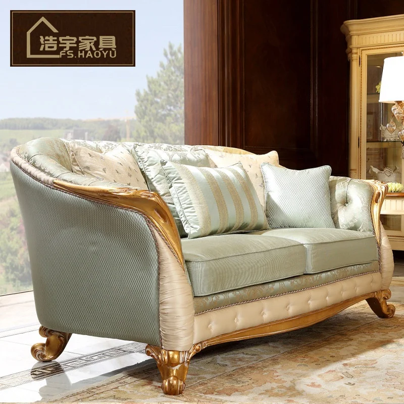 European Style Living Room Genuine Leather Sofa Sets Classical Design Antique Furniture
