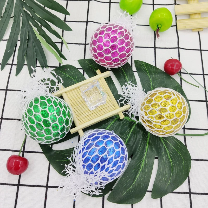 6.0CM Sequin TPR Gold powder Grape Ball Custom Kids Mesh Water Beads Vent Grape Toy Fidget Stress Ball