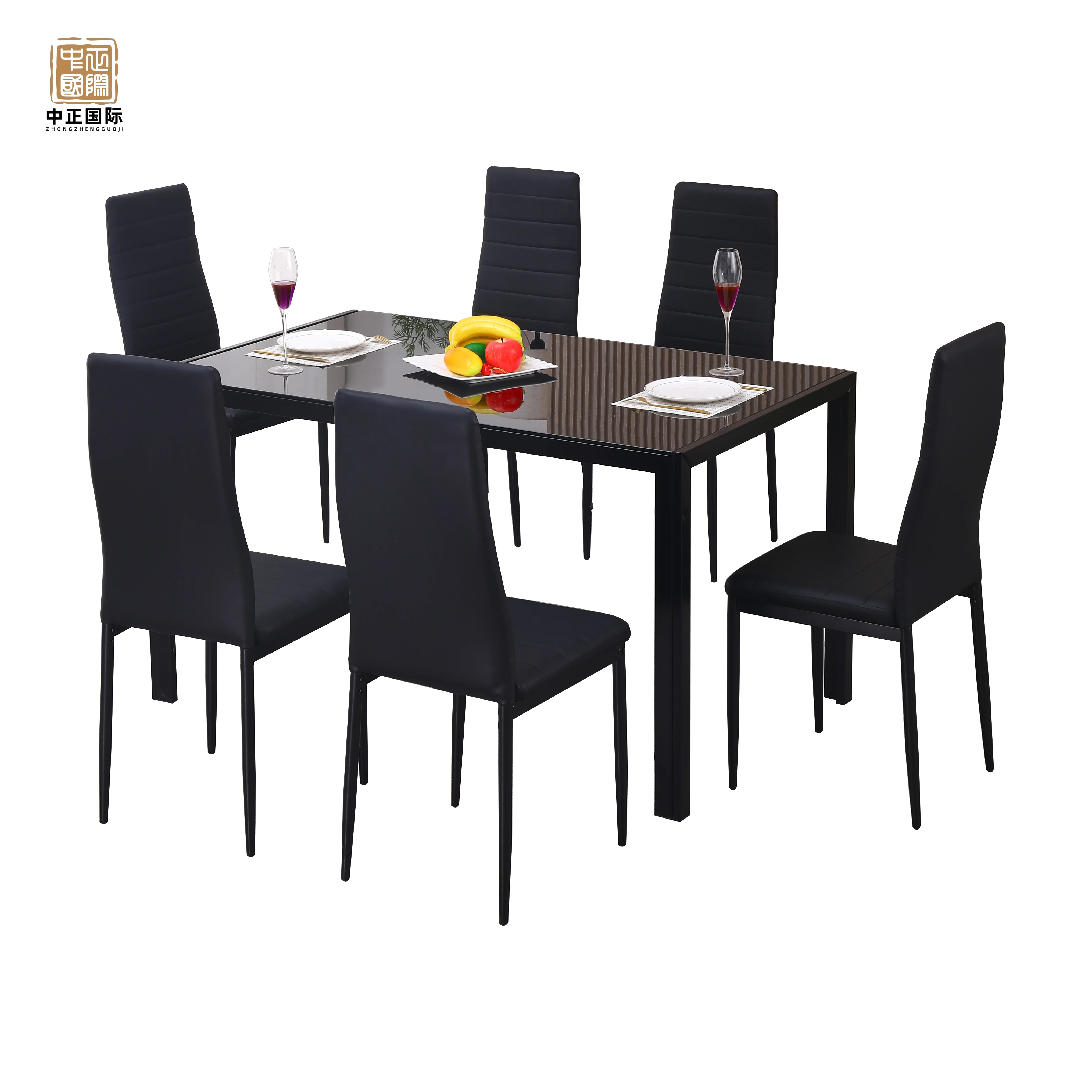 Modern Design Dining table set 6 seater Glass top black glass dining table set 6 chairs
