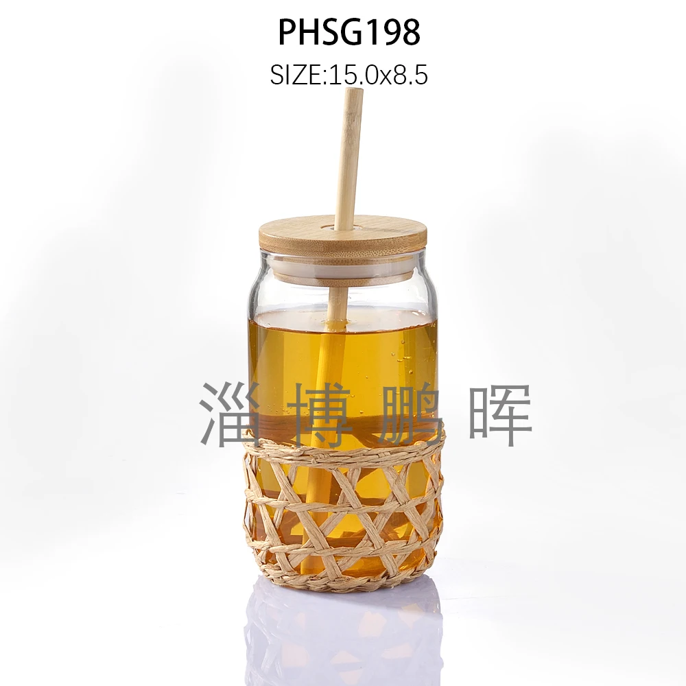 New style straw weaving sleeve high borosilicate glass coca drinking cup with bamboo lid and bamboo straw