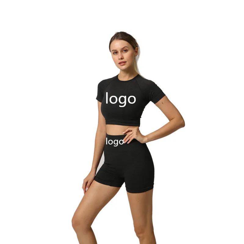 Women Short Sleeve Yoga Set 2 Piece Vital Seamless Sport Suit Gym Clothes Fitness Crop Top Shirt High Waist Shorts Sportswear