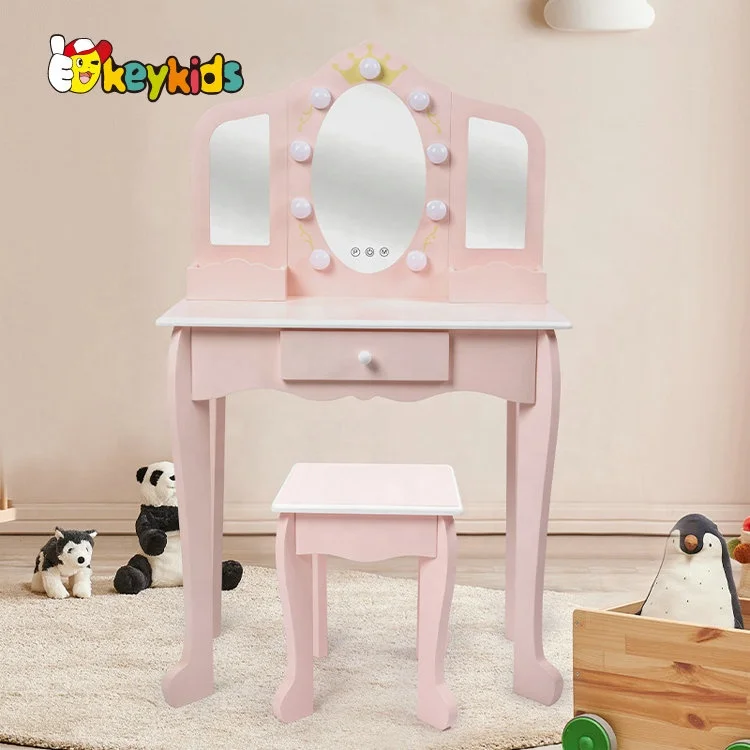 Most popular girls pink wooden dressing table with LED mirror W08H193