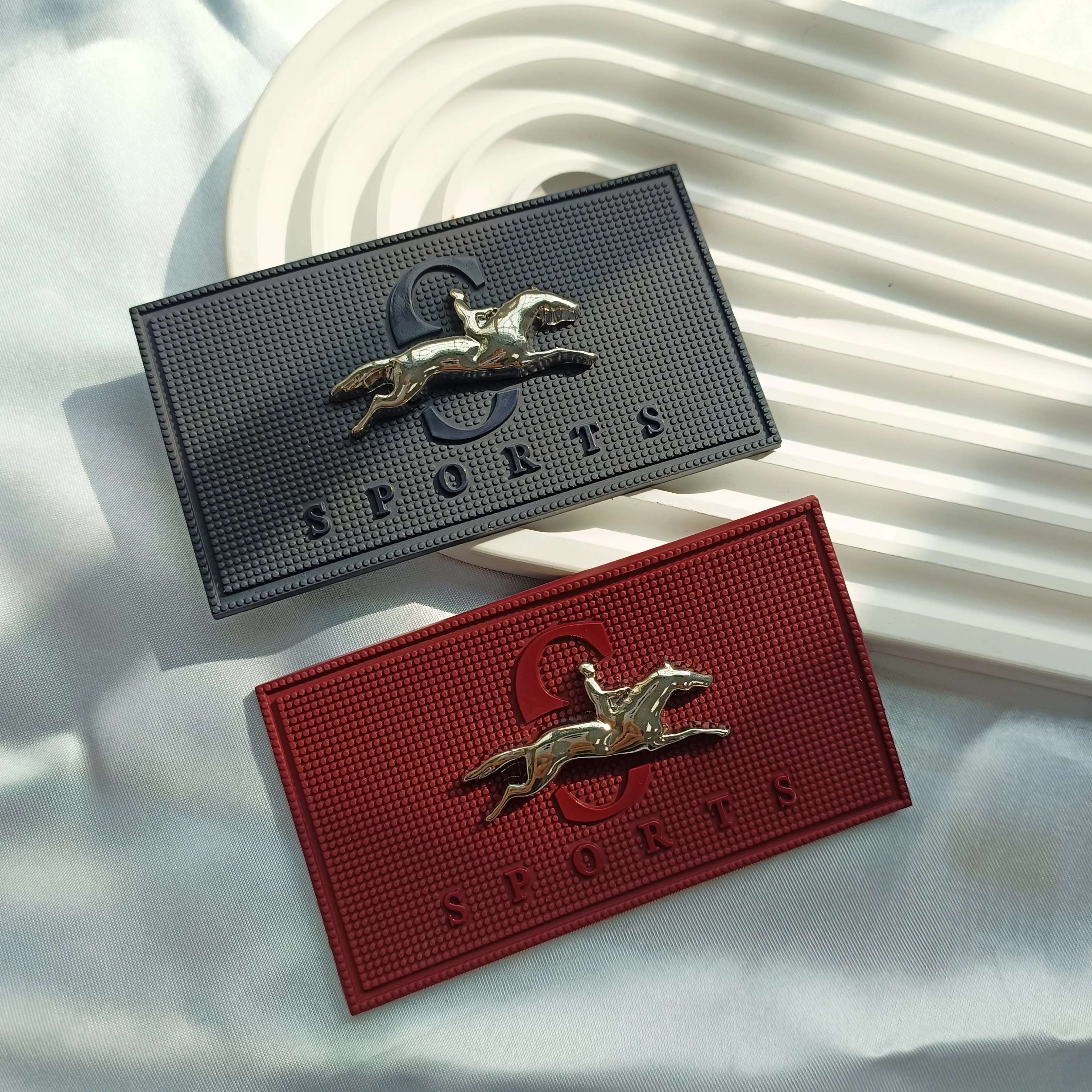 Customized jeans with red rubber patch 3D logo embossed PVC metal badge