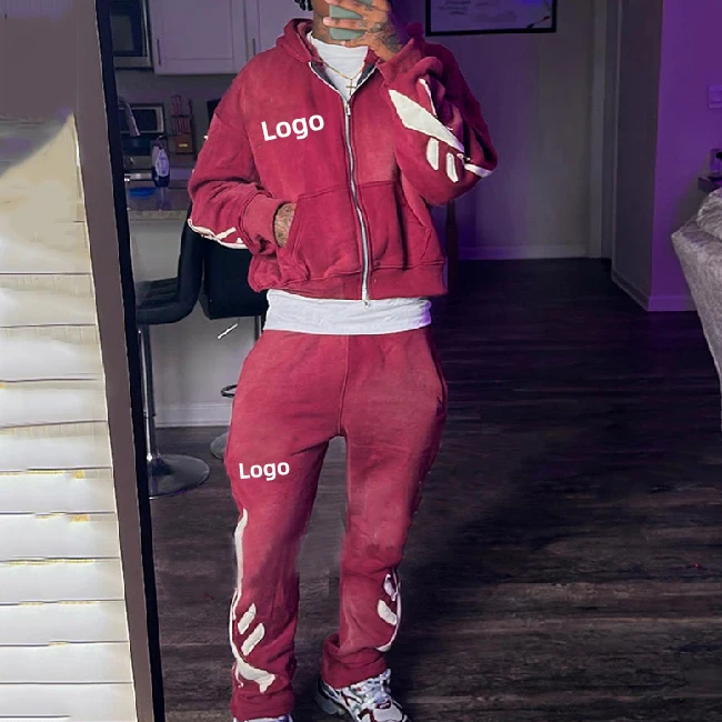 Custom High Quality Cotton Tracksuits French Terry Flared Sweatpants And Hoodie Set Streetwear Acid Wash Sweatsuit Set