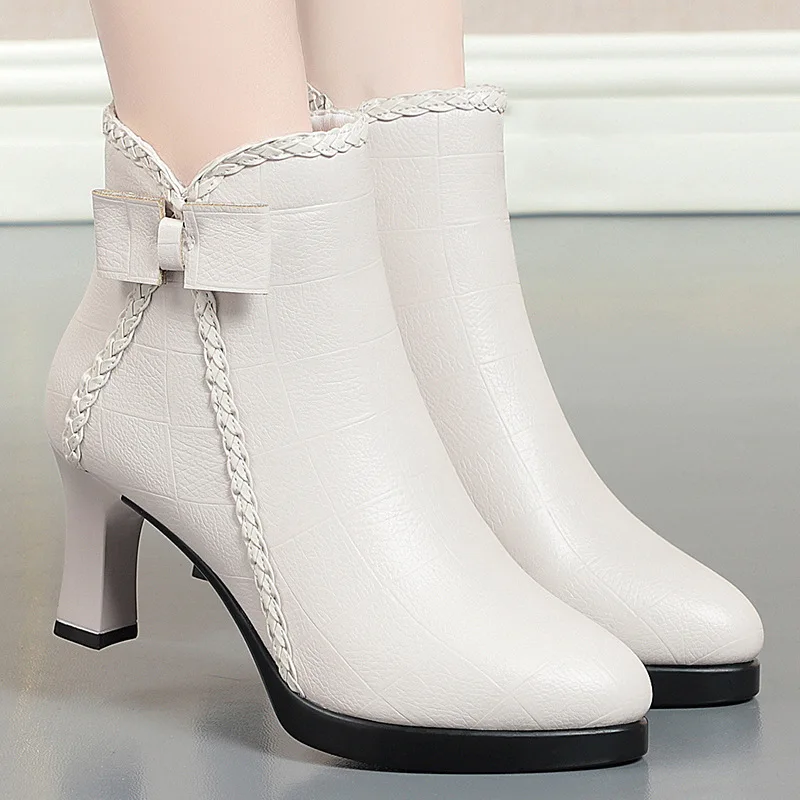 Classical High Quality 2023 Black Leather Square Chunky Heel Casual Women ladies white leather Ankle boots