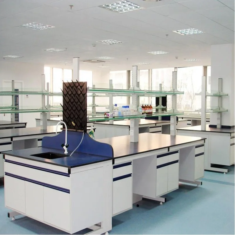 Modern Laboratory Wooden Island Bench Wooden Laboratory  Work Bench with Shelf on Top and PP Sink