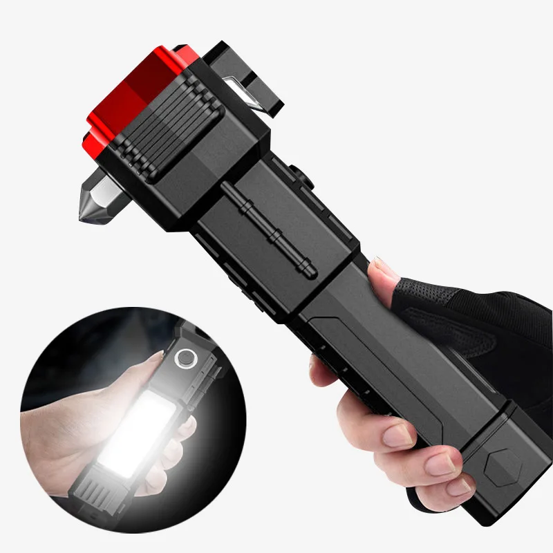 Portable Hand-held Magnetism LED Flashlight with Side COB Emergency Hammer Rechargeable Torch Lights 18650 Rechargeable Battery