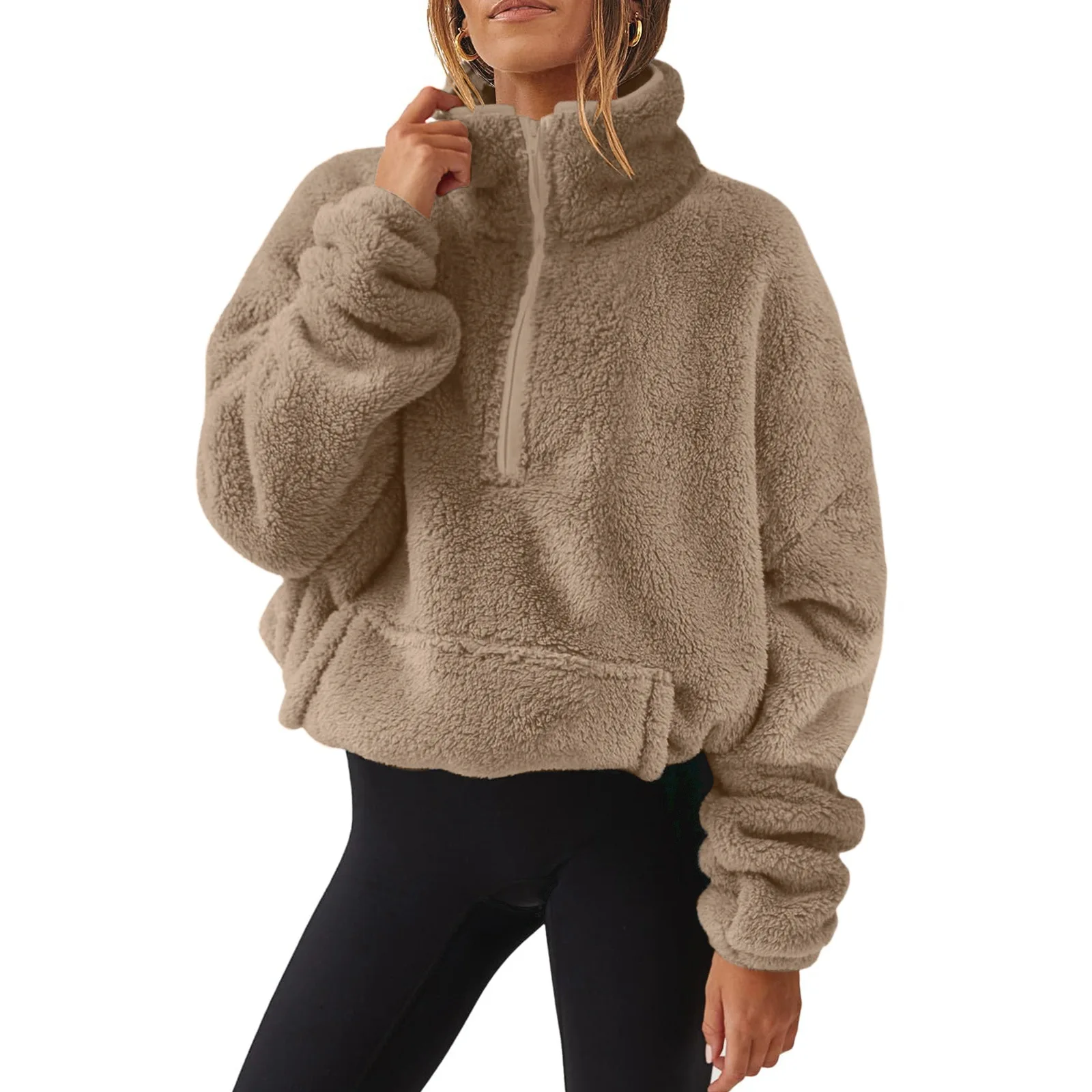 Active Women Winter Clothes Pink Pullover Half Zip Sherpa Pullover Gym Crop Hoodies