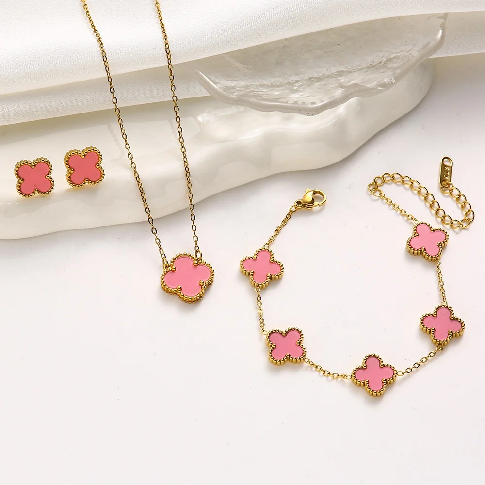 Dr. Jewelry 3Pcs Stainless Steel PVD 18K Gold Plated Waterproof Tarnish Free Zircon Four-leaf Clover Flower Jewelry Set for Her