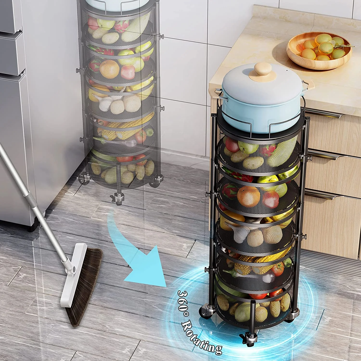 4 Tires Kitchen Storage Rotary Rack Trolley Cart Rotating Round drawer Vegetables Fruits Storage Shelf