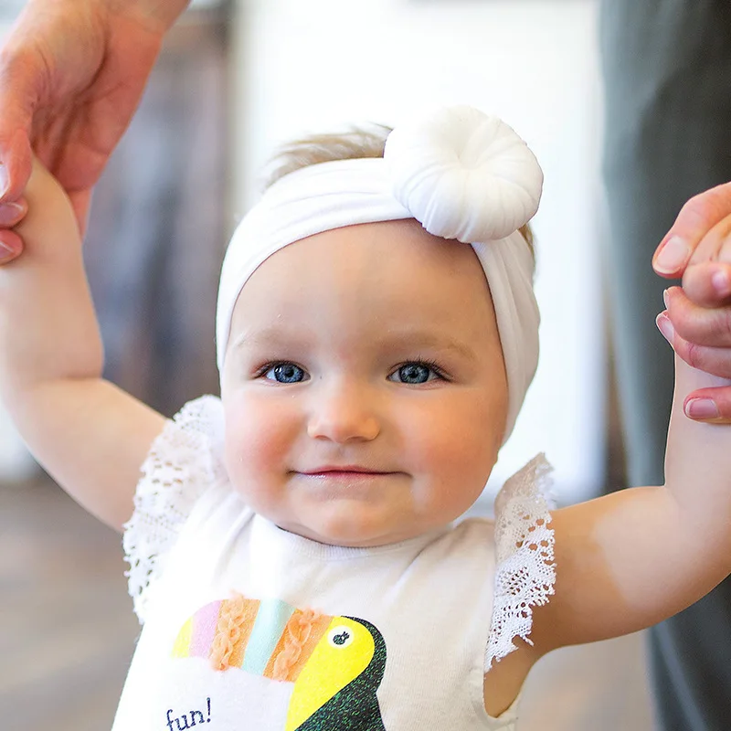 Faddish boutique newborn knot head bow wrap soft elastic doughnut nylon kids hair band for baby girls