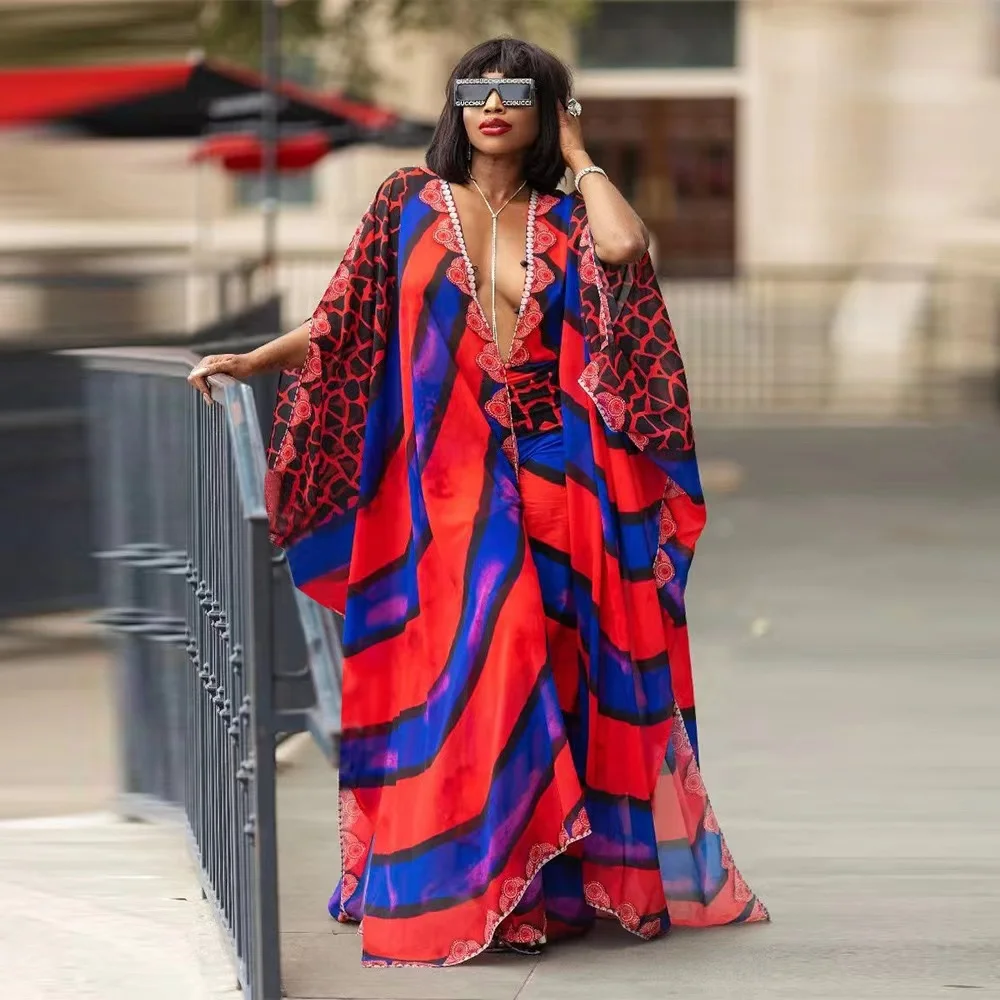 J&H 2023 new fashion moroccan kaftan vintage printed v neck loose chiffon maxi dress free size ladies abaya dresses