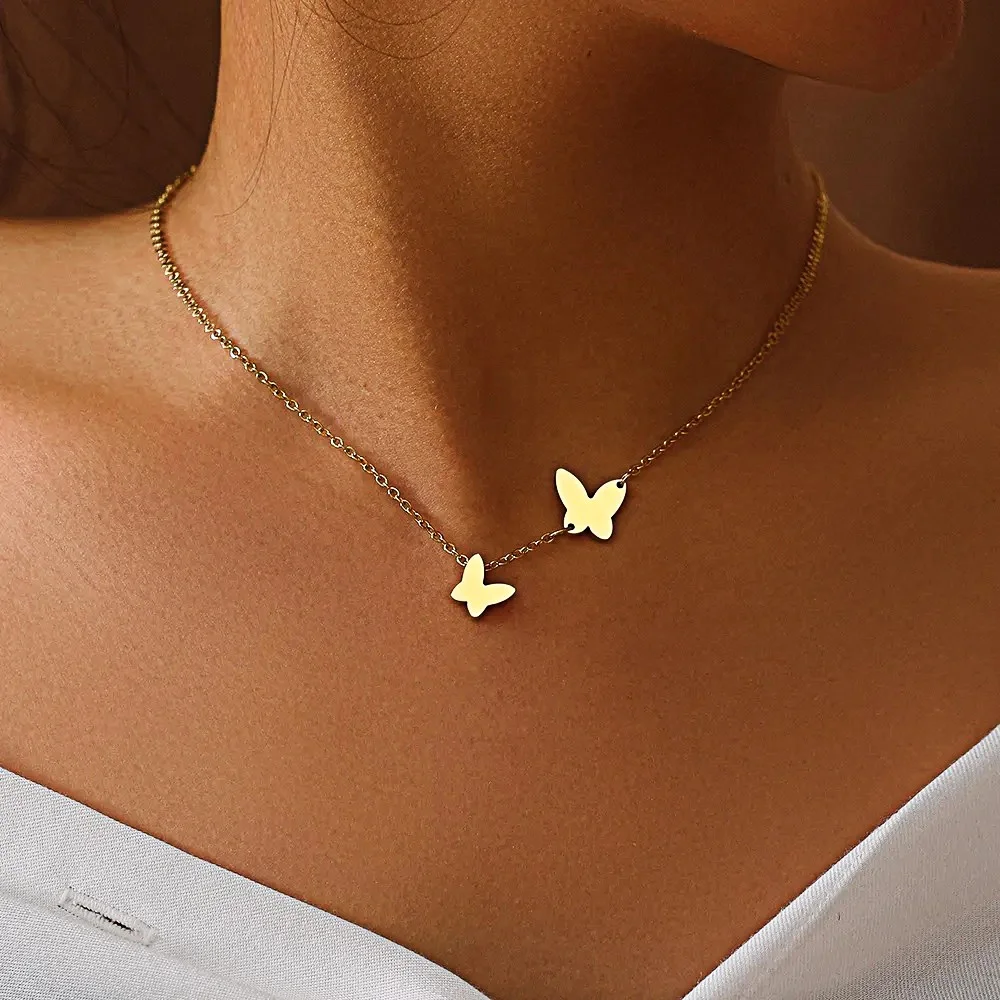 Hot Statement Gold Choker Stainless Steel Double Heart Butterfly Pendant Necklace for Women Non Tarnish Steel Butterfly Necklace