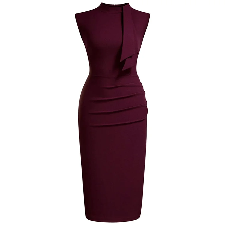 Latest design o neck satin women long office ladies sleeveless elegant summer bodycon pencil dress