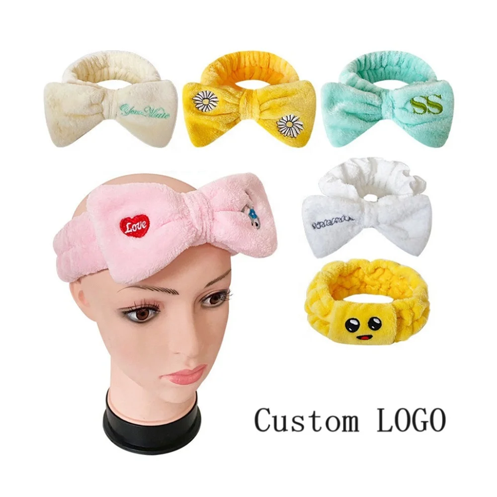 Custom LOGO Soft Solid Color Face Makeup Hair Bands for Washing Face Shower Coral Fleece Women Bow Facial Fluffy Spa Headband