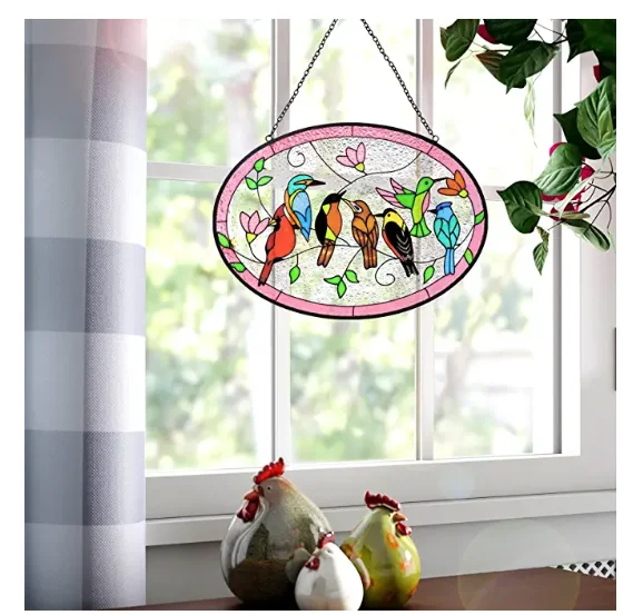 Stained Glass Ornament Cardinal Hummingbird Suncatcher Hand-Painted Double Side Glass Panel Window Hanging Decor