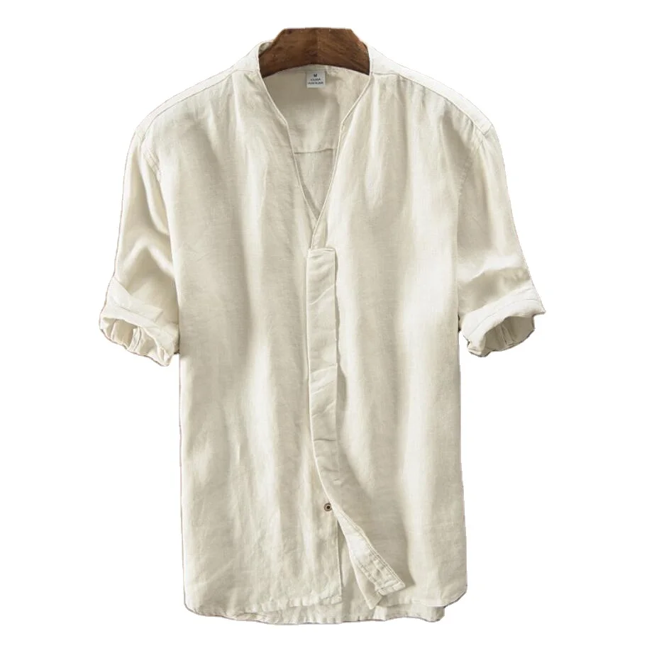 Мужская рубашка из 100% льна с воротником-стойкой и полурукавами