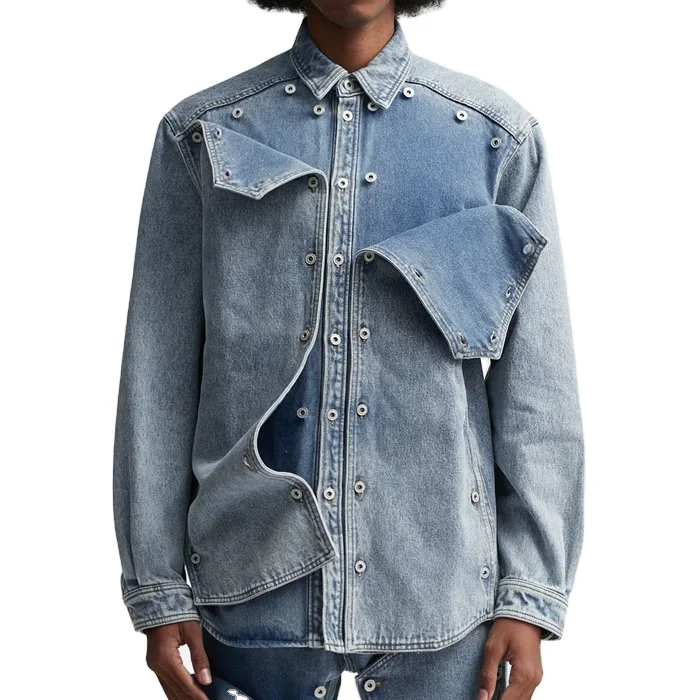 Fashion wholesale customize snap off denim shirt lapel button up washed blue jean cotton cargo shirt with front paneled