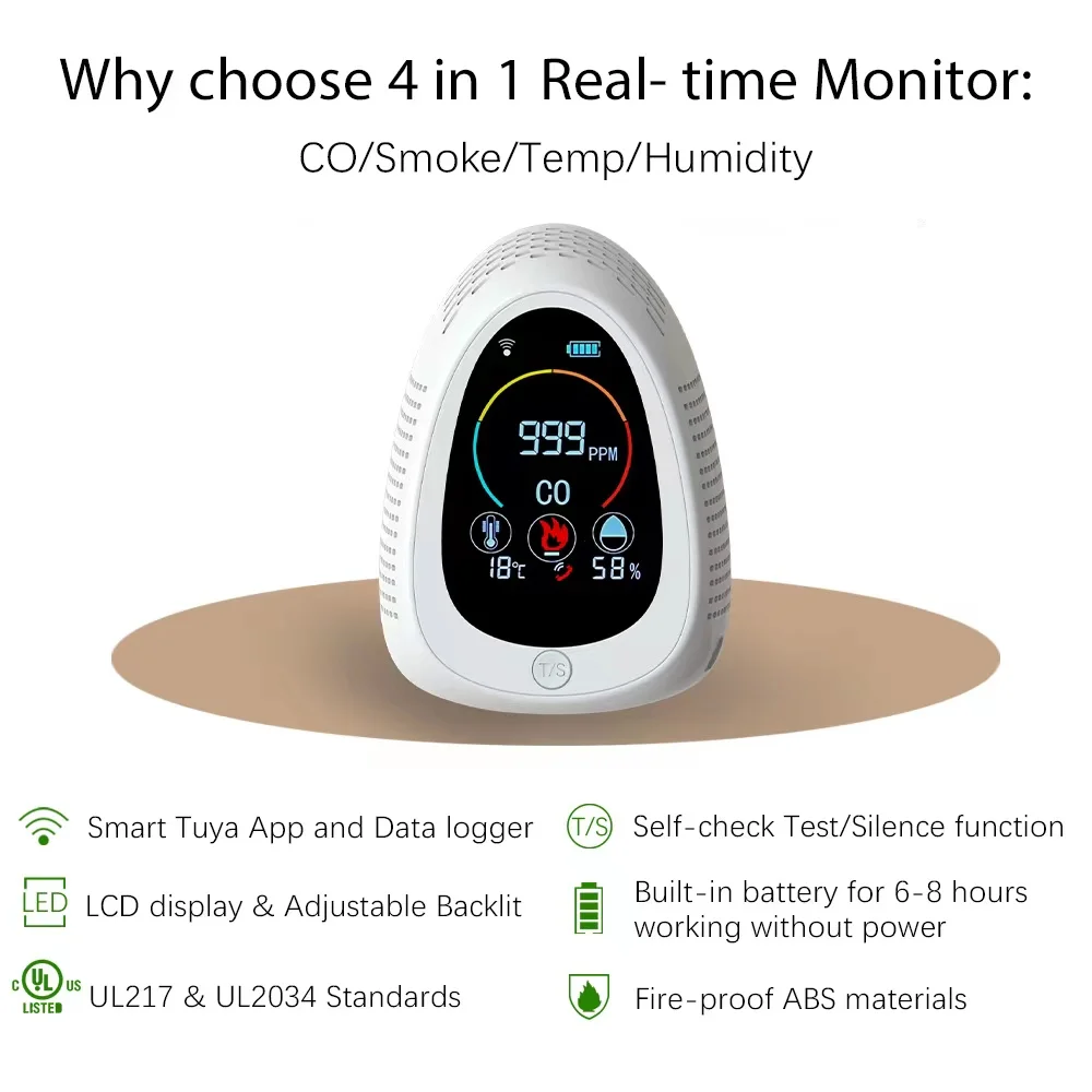Dropshipping factory wholesale co detector 4 in 1 tuya wifi smoke alarm Temp humidity carbon monoxide gas analyzer