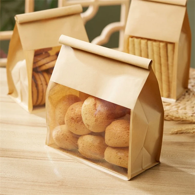 Reusable Paper Bakery Bag Homemade Packing Plastic Kraft Bread Bag with Window for Cookies Breads Candy