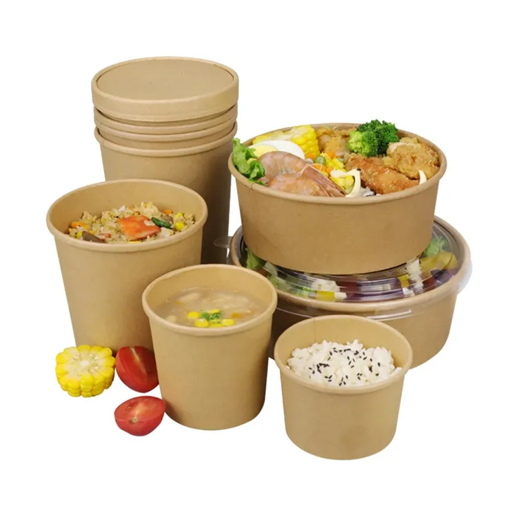 Customized  8oz 12oz 16oz 26oz 32oz Hot Soup Round Bowl Disposable Brown Kraft Paper Food Cup