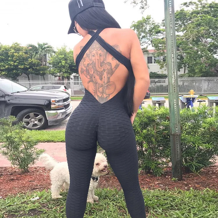 
Sport Fitness Black Jacquard Show Chest Bandage Backless Bodycon Jumpsuit Women 