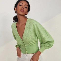 FYB 2021 New Design Summer Stylish Pointelle Long Sleeve V neck Womens Cool Knitted Cardigan Sweater