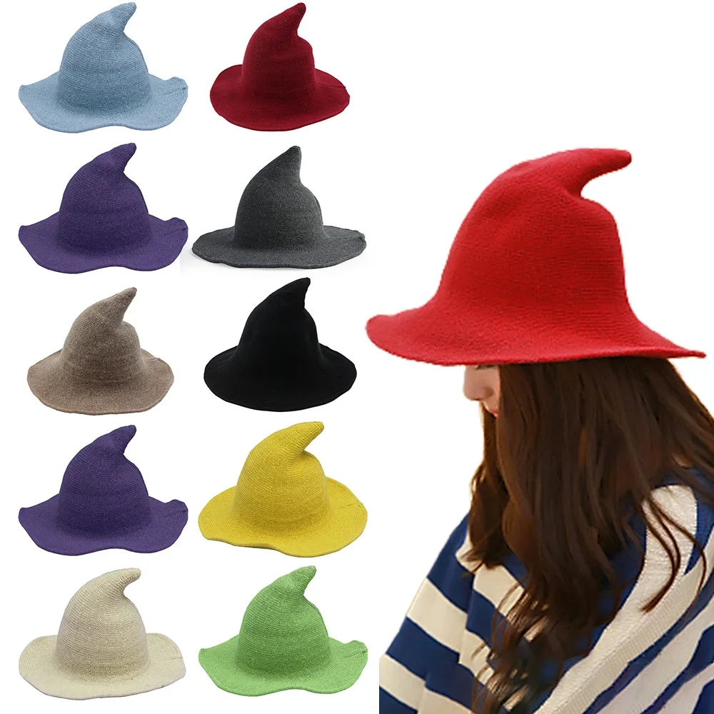 Halloween Knit Wool Wizard Hat Adult Kids Witch Caps Halloween Holiday Costume Props Festival Party Hat Halloween Decoration