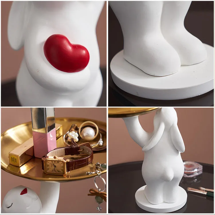 Rabbit sculpture decoration living room resin gift creative display jewelry key storage bear tray