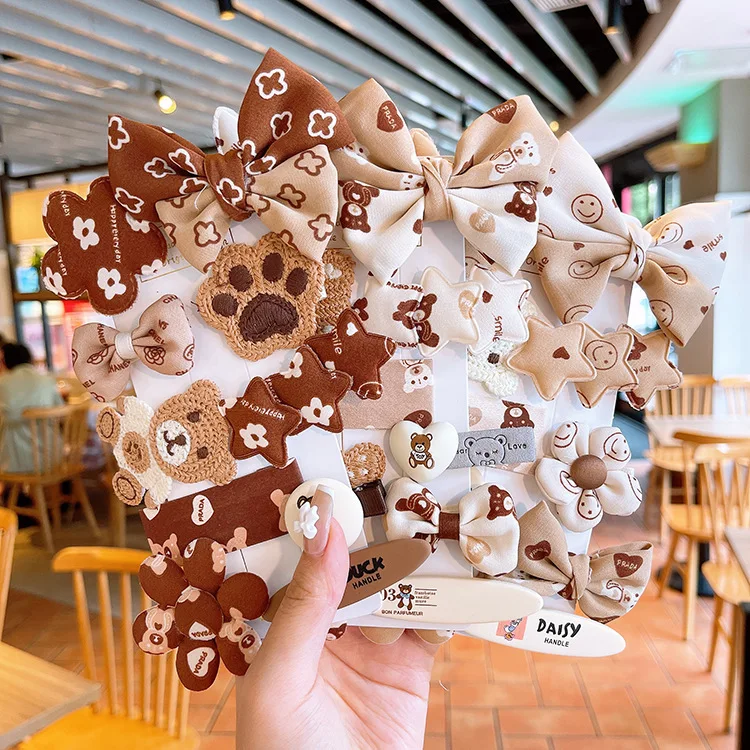 9 Pcs/Set Cartoon Brown Bear Girls Hair Accessories Set Children Kid Sweet Barrettes Fashion Headbands Hair Clips For Baby