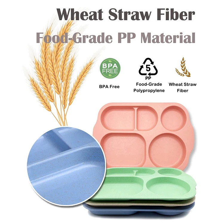 Unbreakable Divided Plates Wheat Straw Tray Large Fast Food Tray for Toddlers Adults Children Lightweight Plates