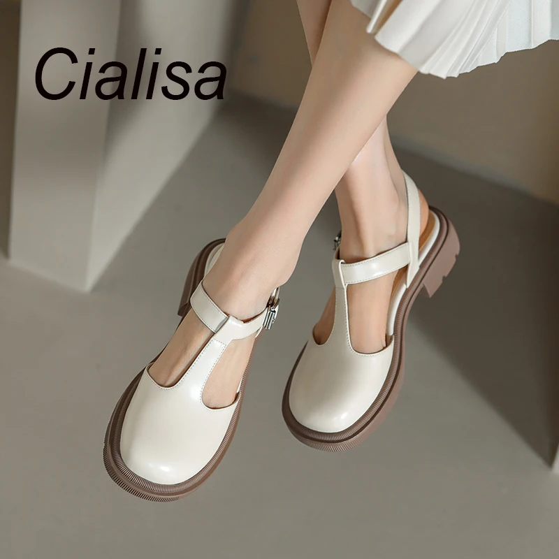 Cialisa Low MOQ Handmade Genuine Leather Concise Women Shoes Thick Platform Flats Round Covered Toe Sandals For Ladies Girls