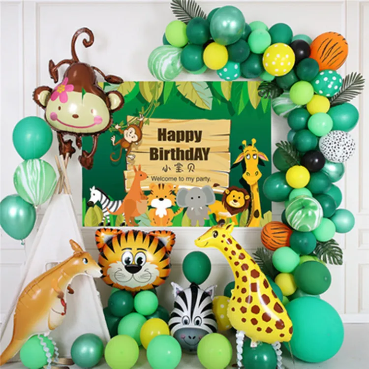 Jungle Safari Theme Party Decorations, Forest Wild Animal Balloons Happy Birthday Banner Balloon Garland Palm Leaves Decoration