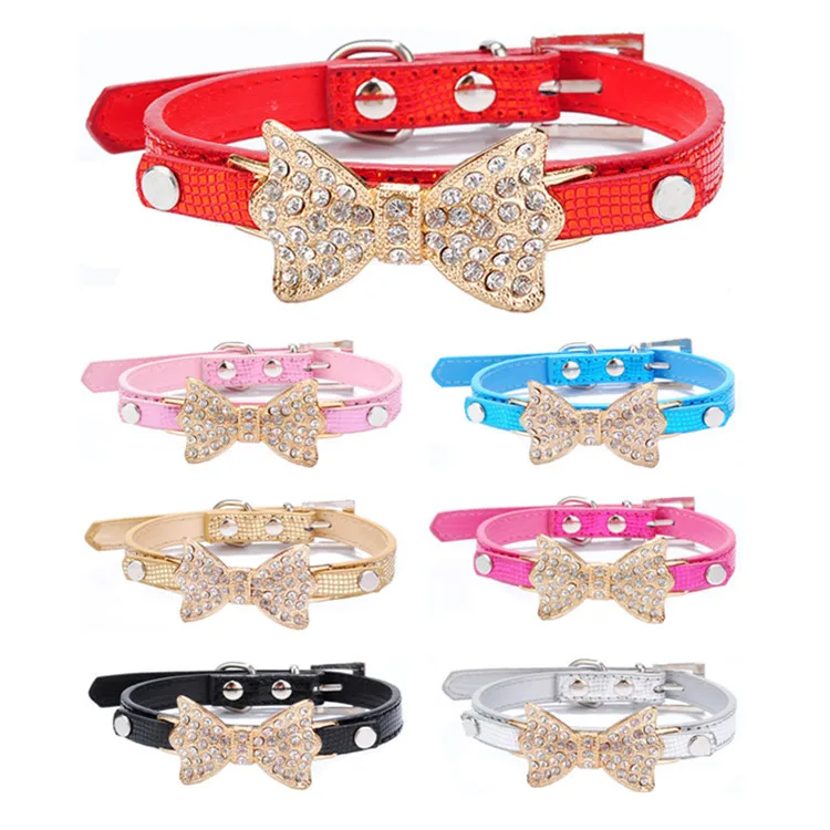 Wholesale Fashion Adjustable Dog Collar Pu Leather Pet Collar Rhinestone Bowknot Kitten Puppy Collars