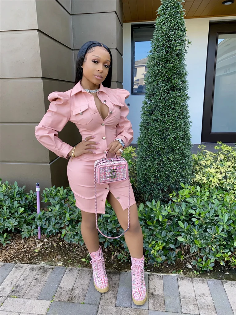 3312 New style comfortable puff sleeve fashion PU dresses single button leather dress for ladies elegant club wear short dress