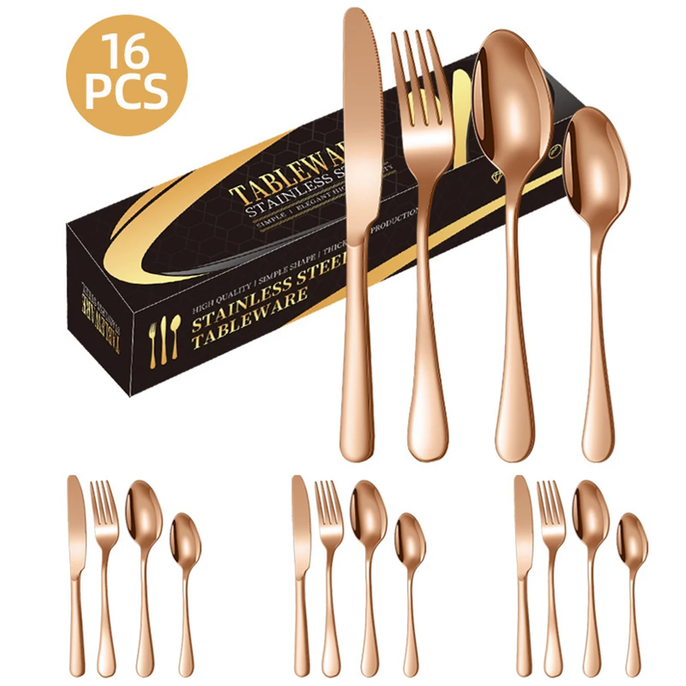 Stainless Steel Knife Fork Spoon Set 16pcs Gold Rose Gold Flatware Silverware Cutlery Set With Paper Box